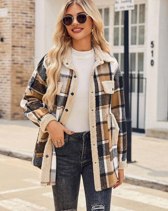 Women's Contrast Color Plaid Jacket Casual Polo Collar Velvet Jacket - Cozy Haven