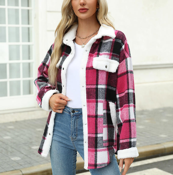 Women's Contrast Color Plaid Jacket Casual Polo Collar Velvet Jacket - Cozy Haven